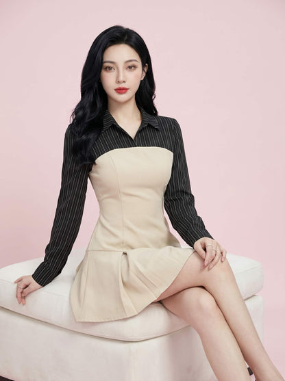 レイヤードワンピース ピンストライプシャツ×コルセット風ボディス プリーツスカート ブラック