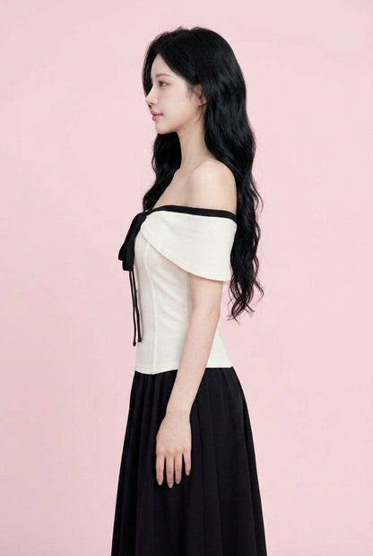 オフショルダー リボン ニットトップス